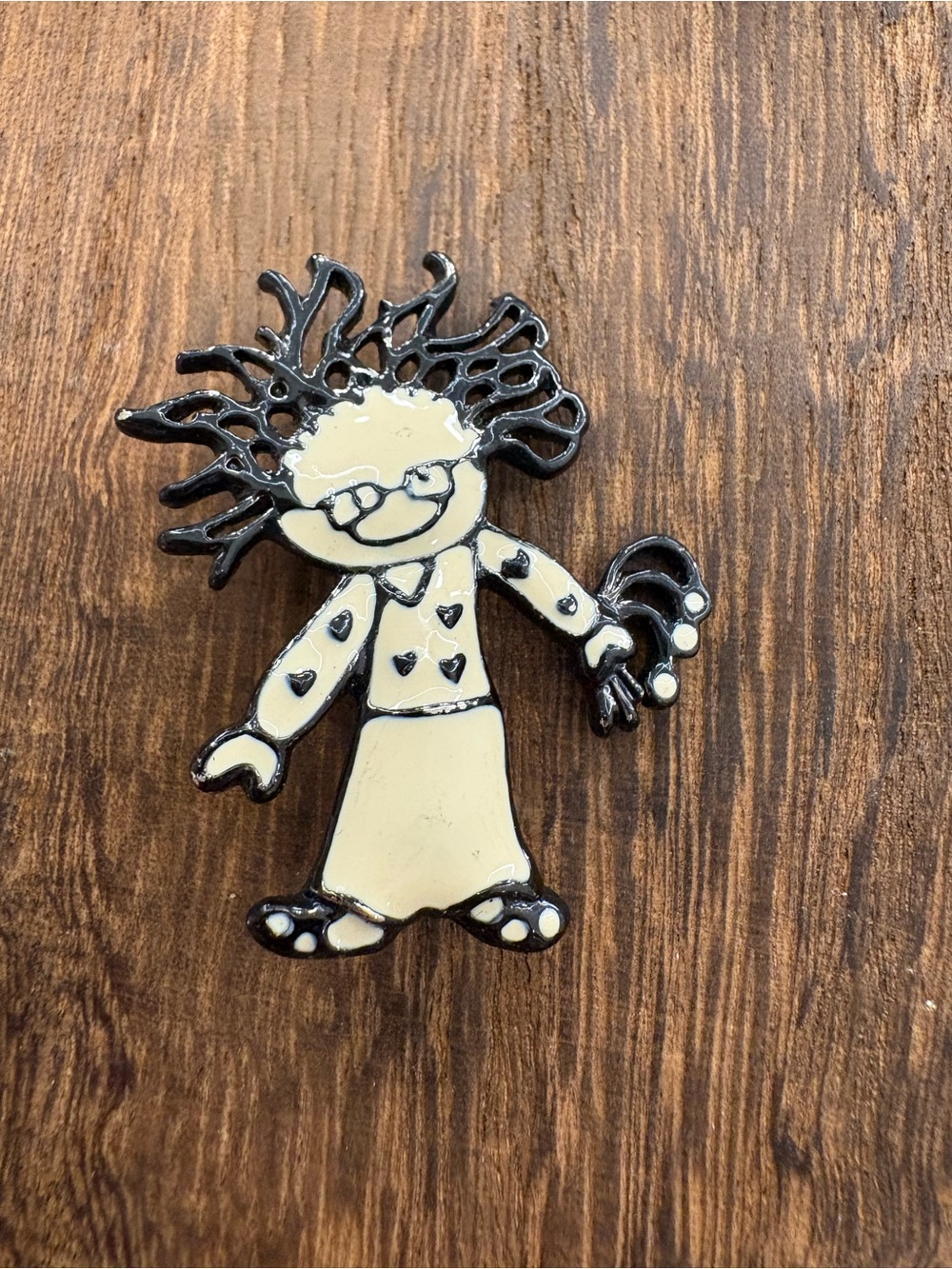 Vintage SFJ Decorative Steinmetz Raggedy Ann Brooch - Cream and Black Enamel